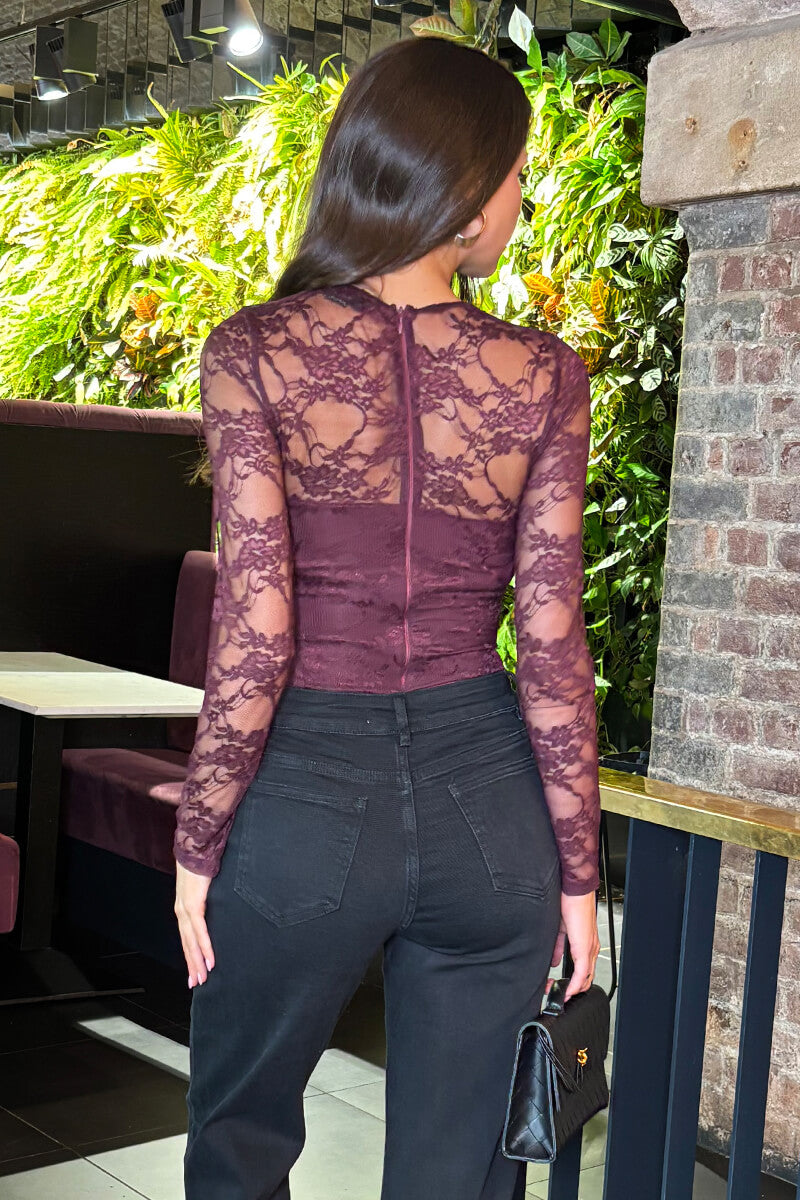Plum Lace Overlay Long Sleeve Bodysuit
