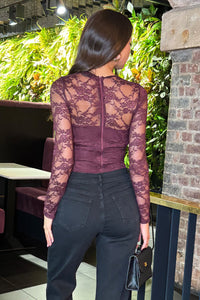 Plum Lace Overlay Long Sleeve Bodysuit
