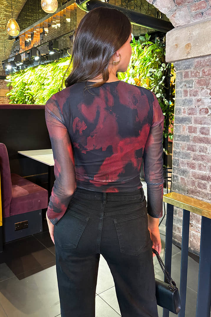 Burgundy And Black Smudge Print Long Sleeve Mesh Bodysuit
