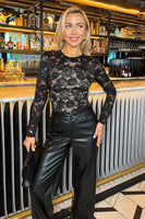 Black Contrast Lace Overlay Long Sleeve Bodysuit