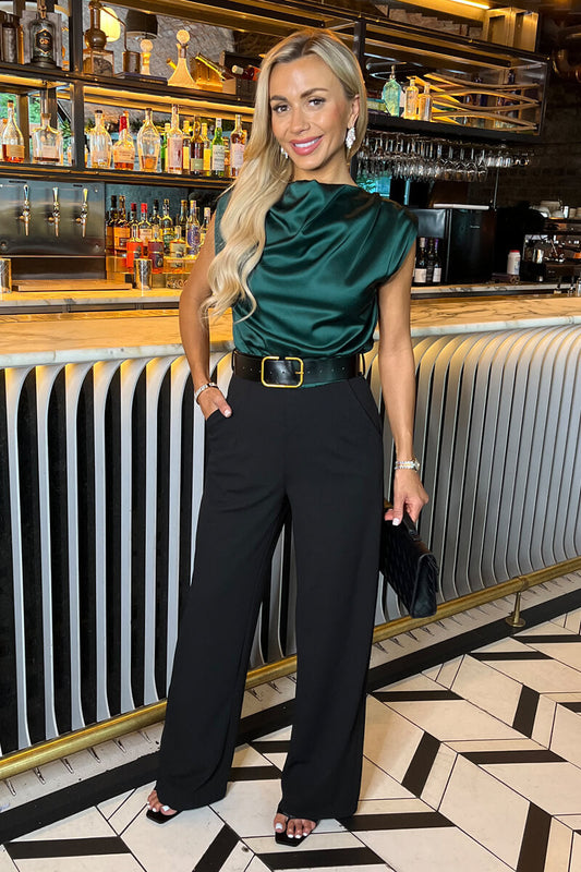 Teal 2 in 1 Draped Neck Belted Wide Leg Jumpsuit