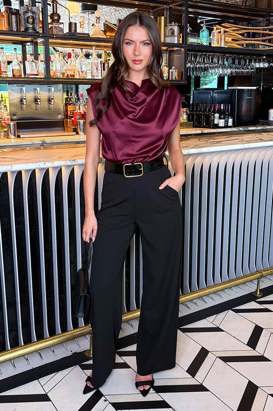 Dark Plum 2 in 1 Draped Neck Belted Wide Leg Jumpsuit