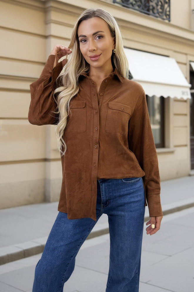 Tan Faux Suede Long Sleeve Utility Shirt