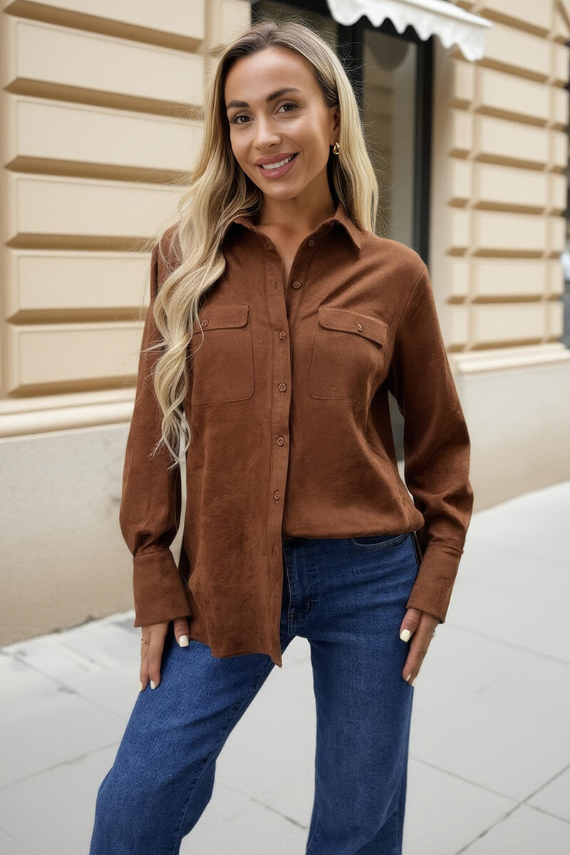 Tan Faux Suede Long Sleeve Utility Shirt