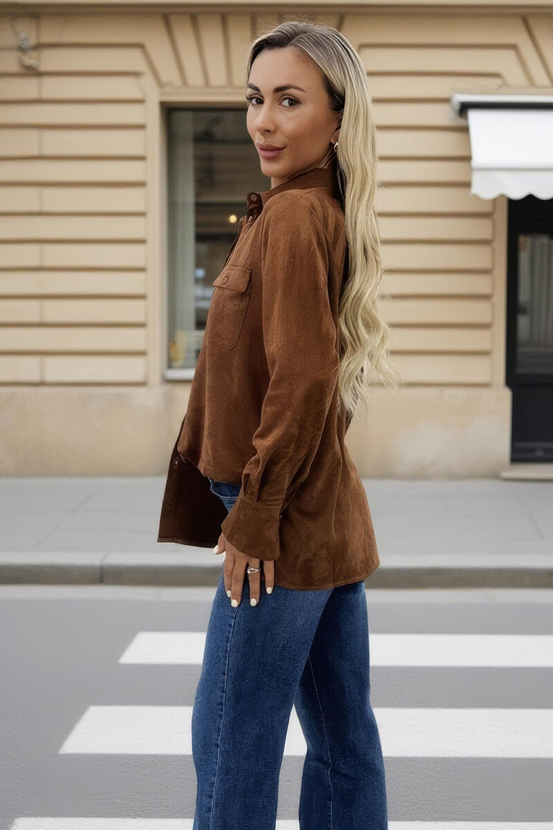 Tan Faux Suede Long Sleeve Utility Shirt