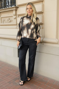 Brown Watercolour Print Long Sleeve Ruffle Neck Top