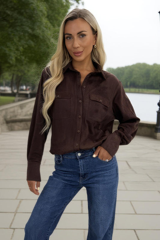 Chocolate Faux Suede Long Sleeve Utility Shirt