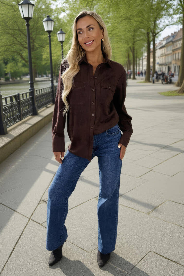 Chocolate Faux Suede Long Sleeve Utility Shirt
