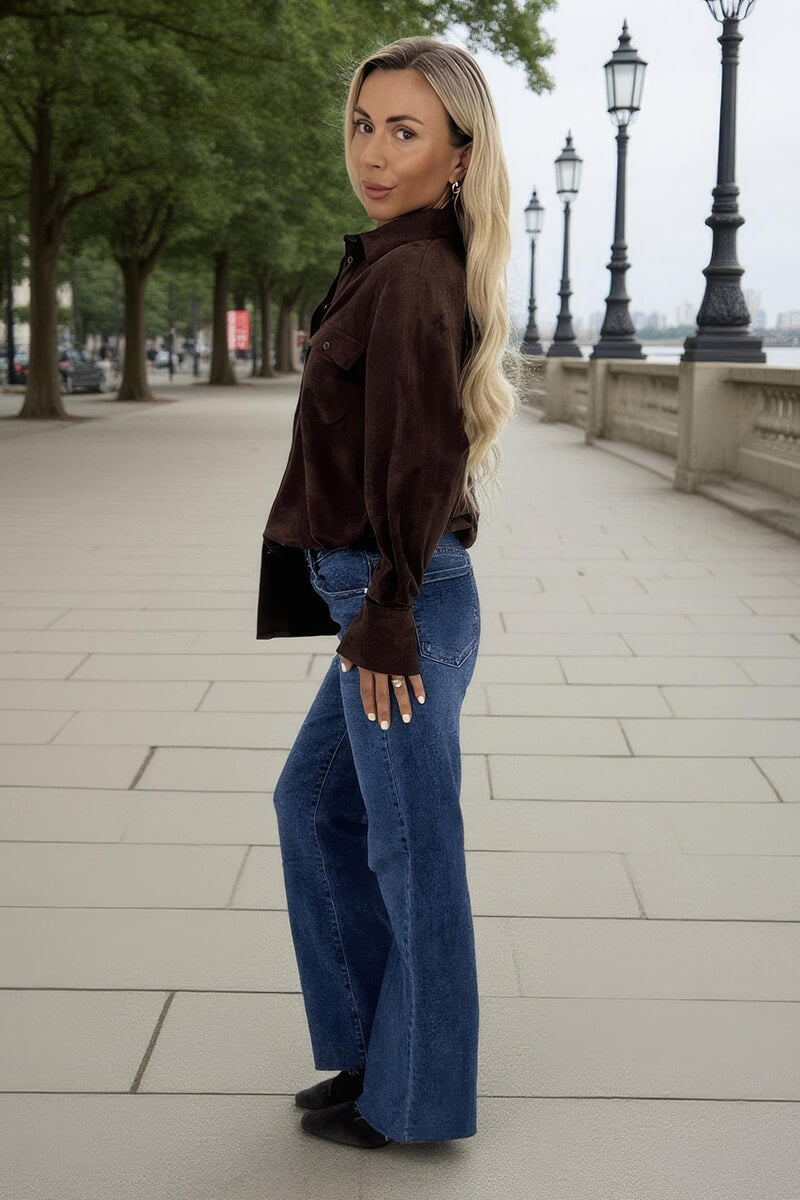 Chocolate Faux Suede Long Sleeve Utility Shirt