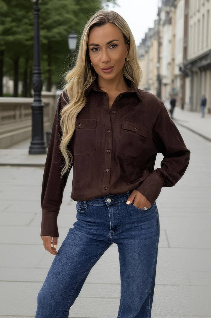 Chocolate Faux Suede Long Sleeve Utility Shirt