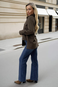 Khaki Faux Suede Long Sleeve Utility Shirt