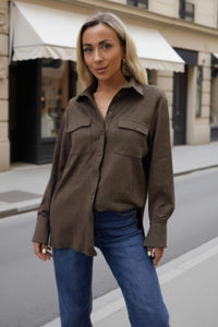 Khaki Faux Suede Long Sleeve Utility Shirt