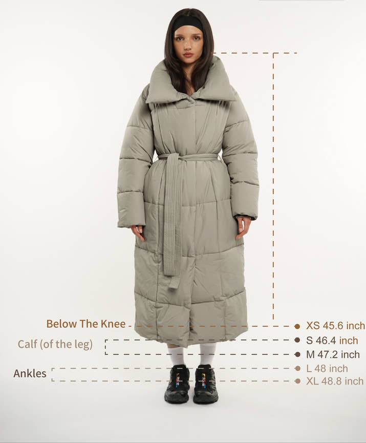 Extra Long Length Belted Button Puffer Jacket Splashproof