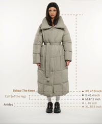Extra Long Length Belted Button Puffer Jacket Splashproof