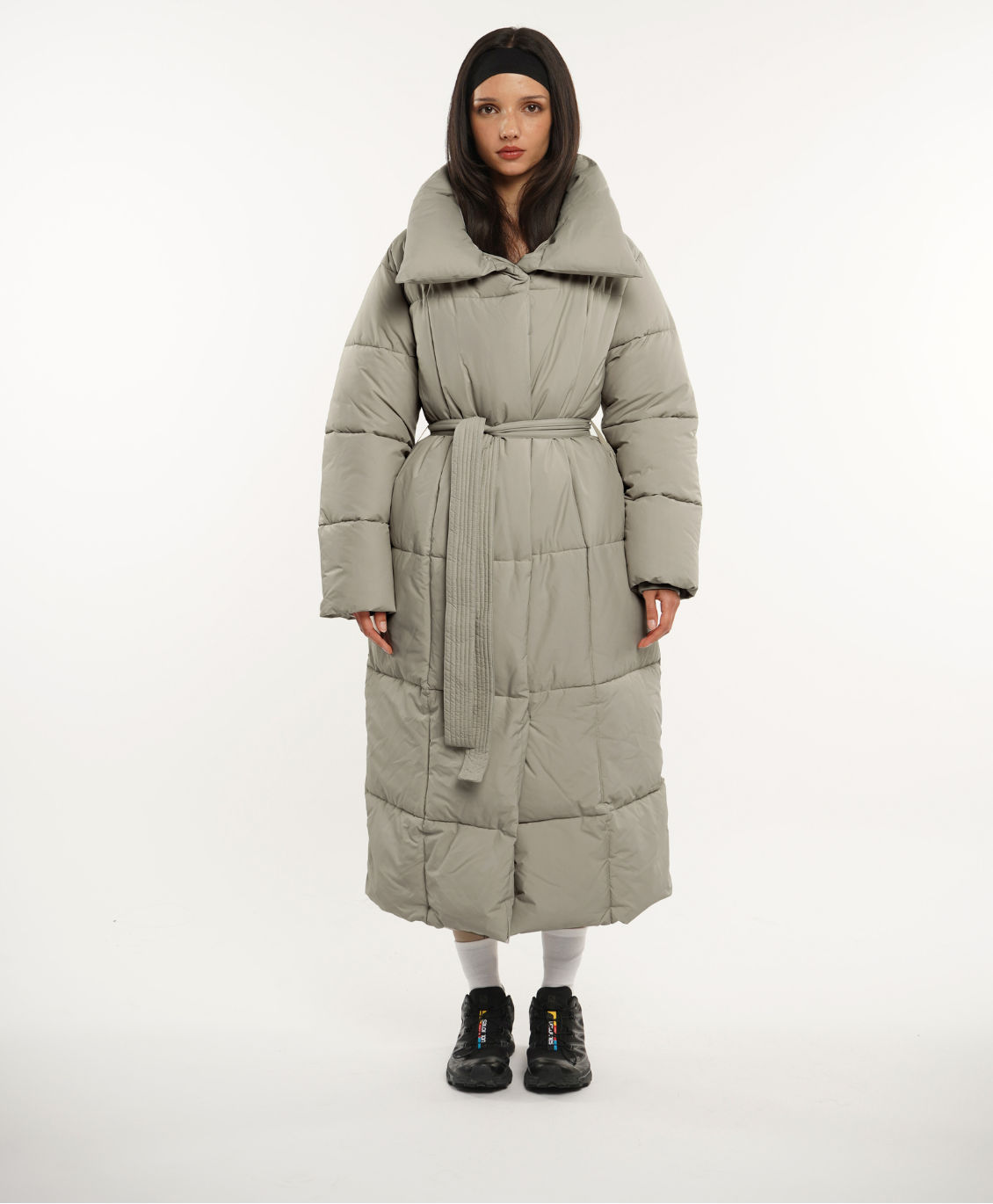 Extra Long Length Belted Button Puffer Jacket Splashproof