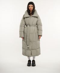 Extra Long Length Belted Button Puffer Jacket Splashproof