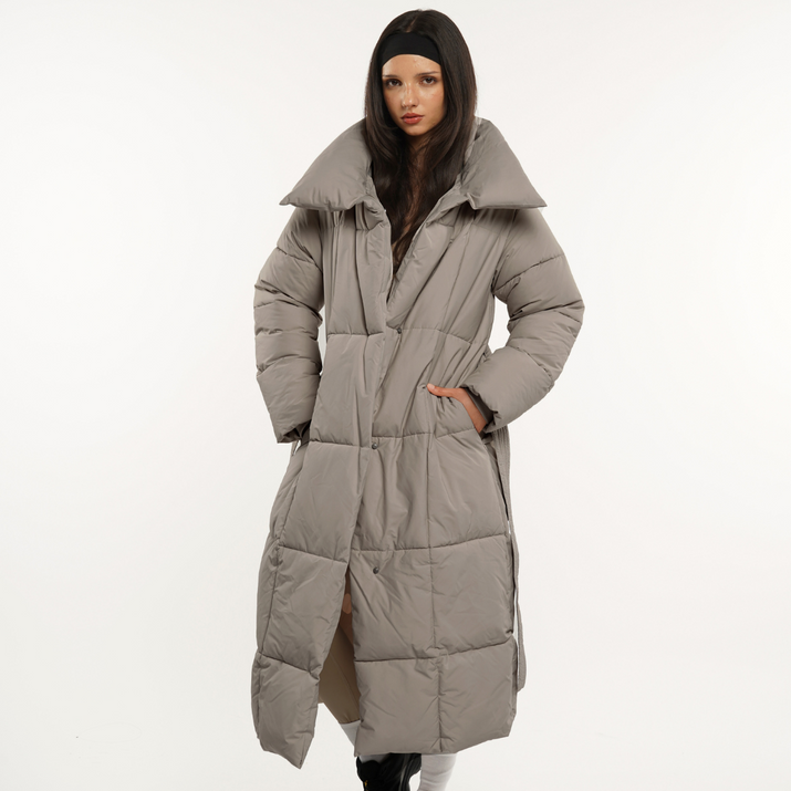 Extra Long Length Belted Button Puffer Jacket Splashproof