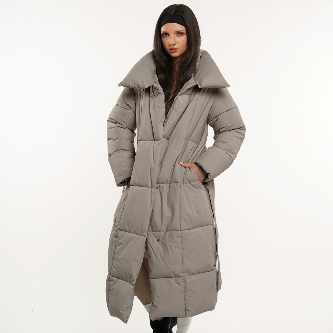 Extra Long Length Belted Button Puffer Jacket Splashproof