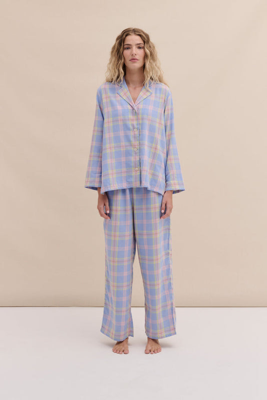 402 Long Pyjama Set Lightweight Flannel Blue/Pink