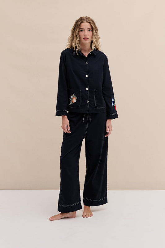 Pocket Pyjama Set Brushed Cotton Embroidery Navy