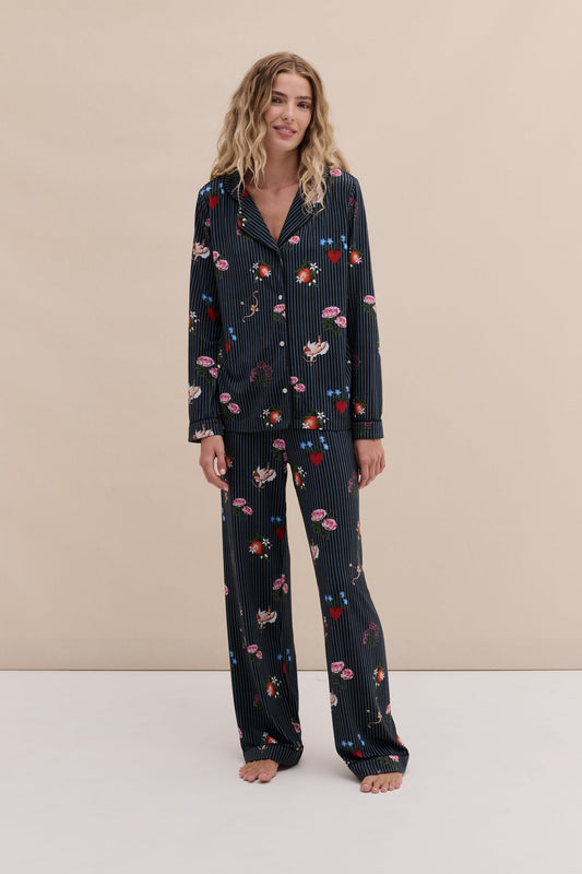 Lyocell Jersey Long Pyjama Set Primavera Pinstripe Navy