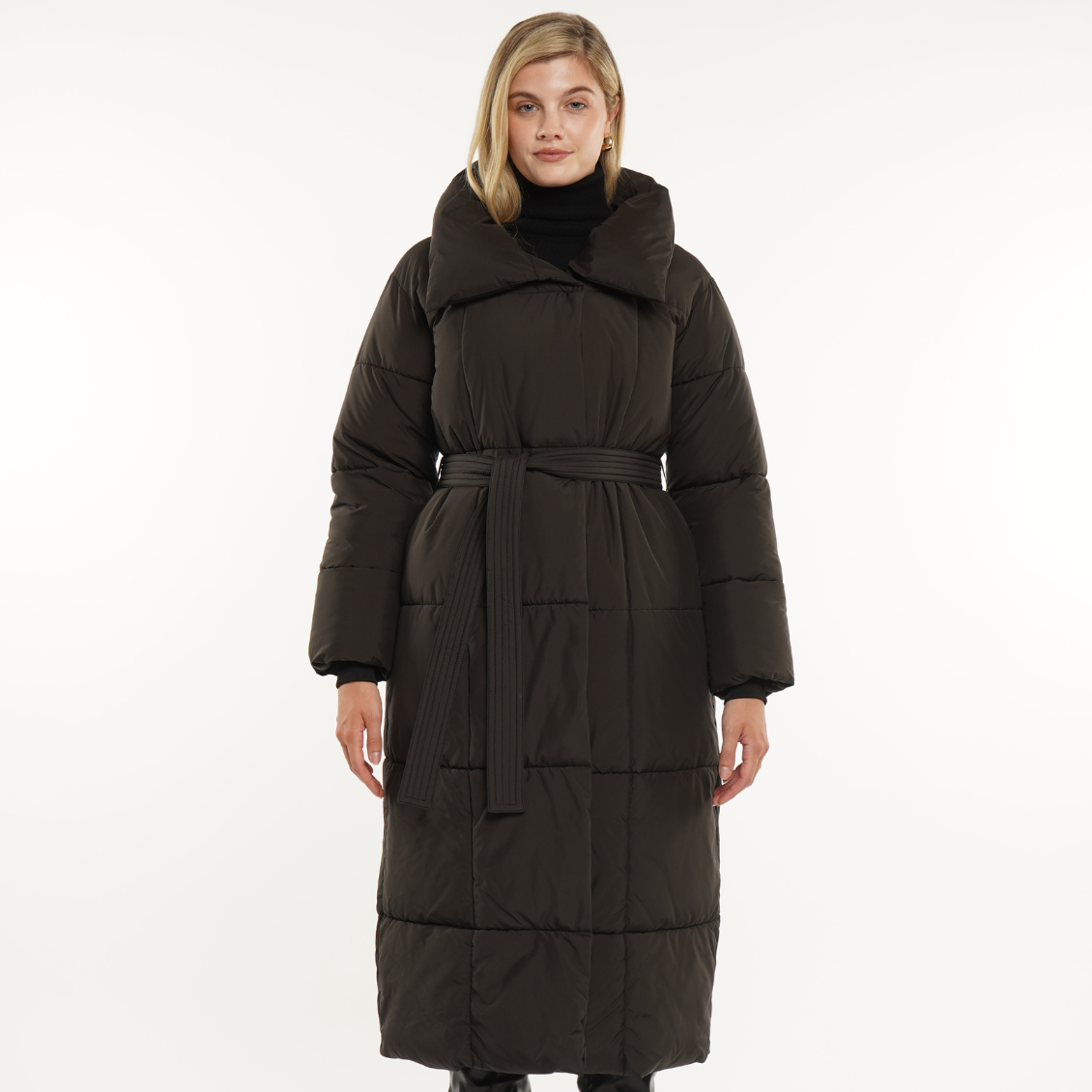 Extra Long Length Belted Button Puffer Jacket Splashproof