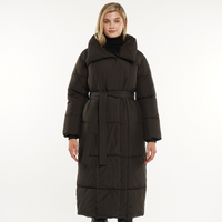 Extra Long Length Belted Button Puffer Jacket Splashproof