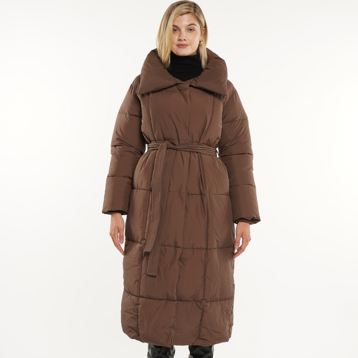 Extra Long Length Belted Button Puffer Jacket Splashproof