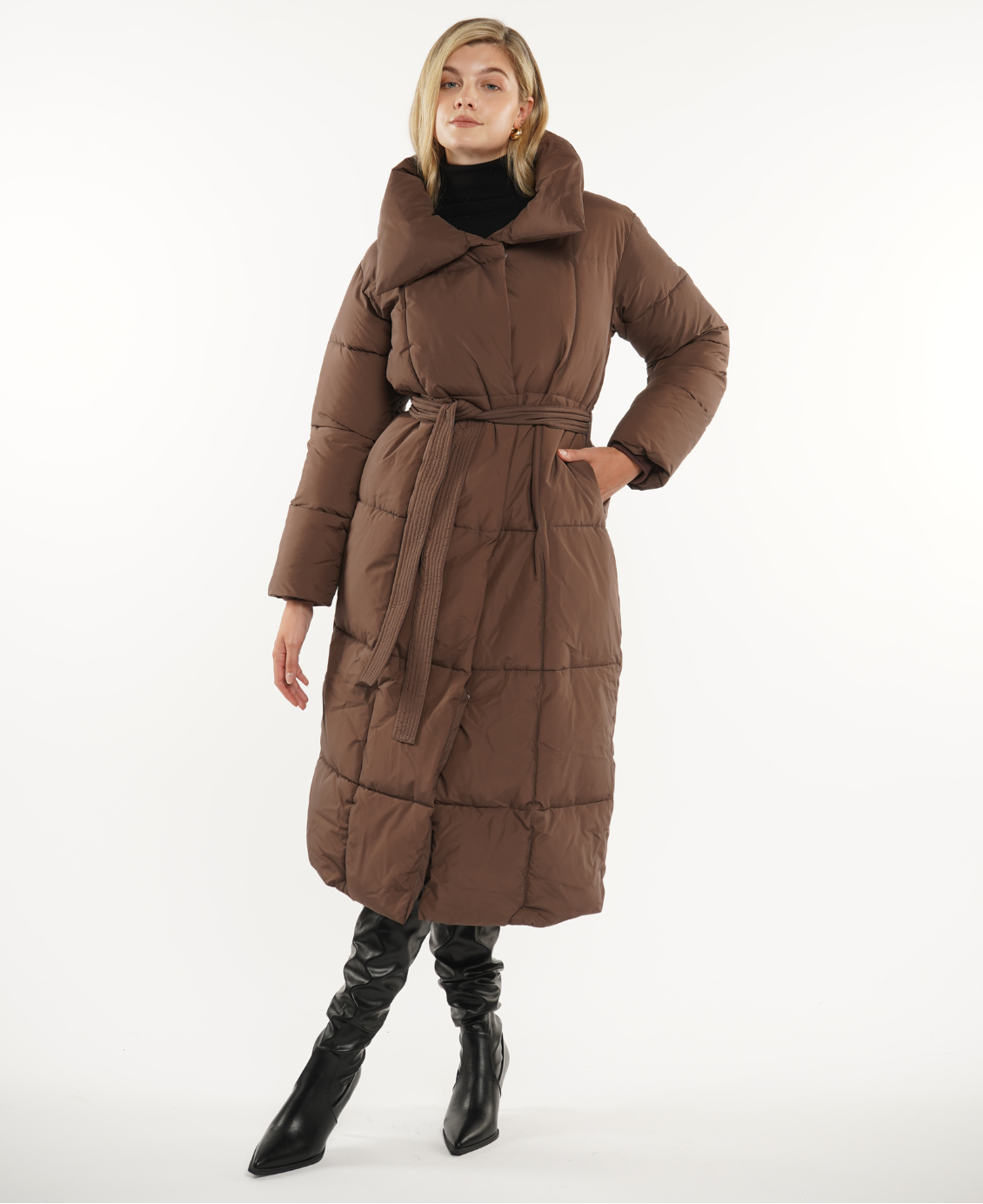 Extra Long Length Belted Button Puffer Jacket Splashproof