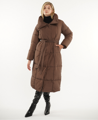 Extra Long Length Belted Button Puffer Jacket Splashproof