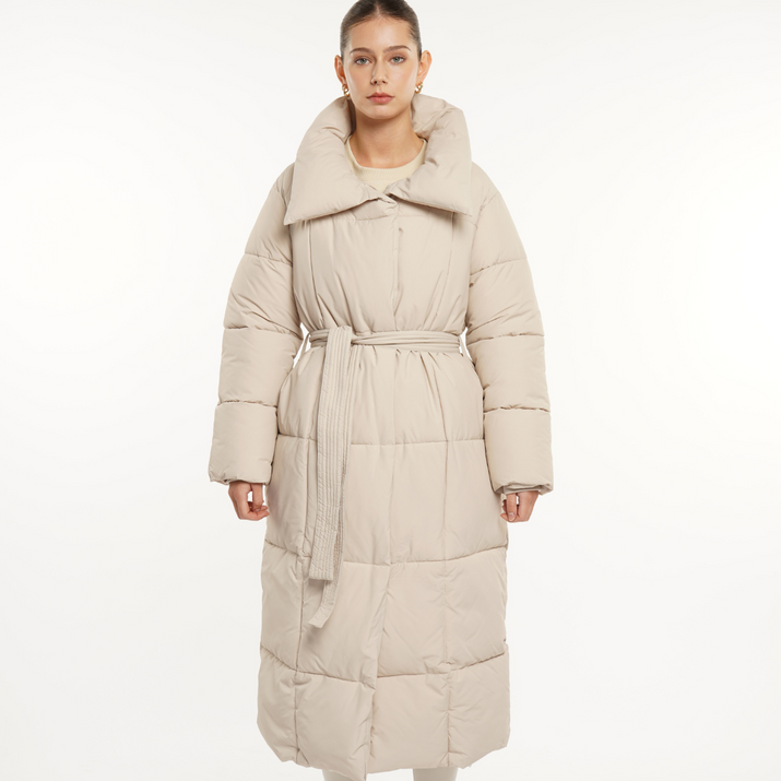 Extra Long Length Belted Button Puffer Jacket Splashproof