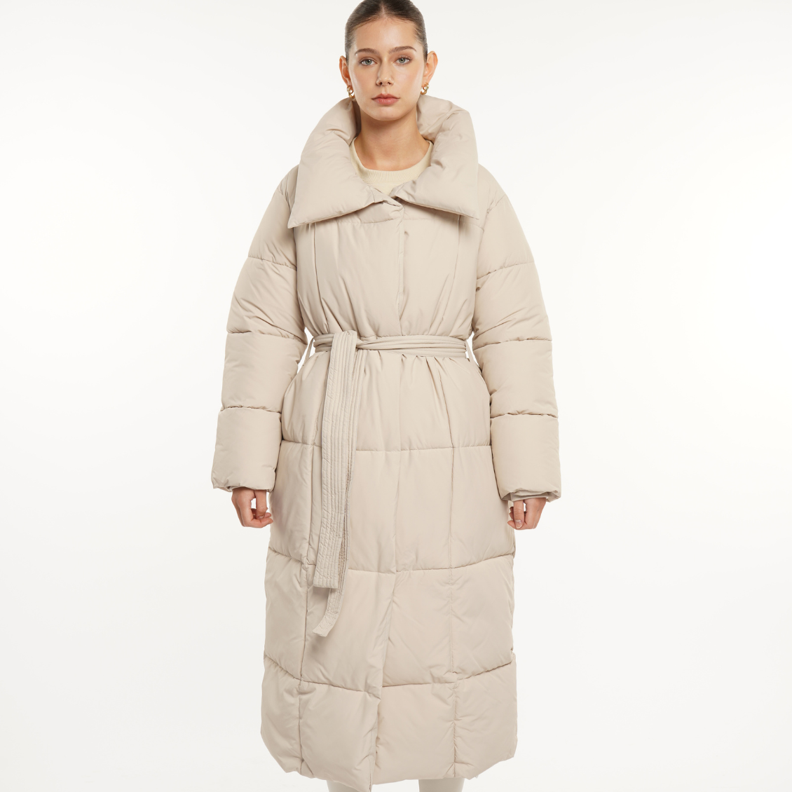 Extra Long Length Belted Button Puffer Jacket Splashproof